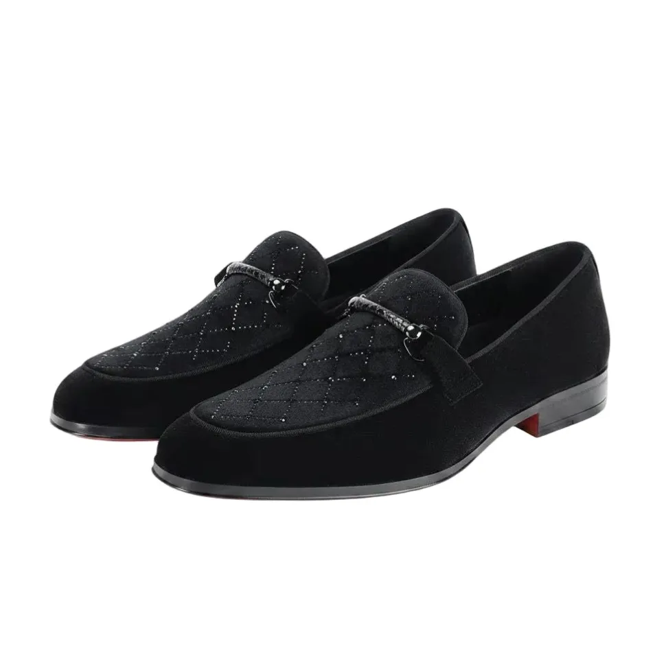 After Midnight Collection - Black Velvet Crystal Studded Design Slip-On Loafer