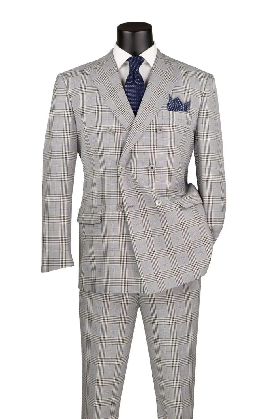 Alexander Collection - Gray Double Breasted 2 Piece Suit Regular Fit Tone on Tone Windowpane