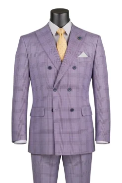 Alexander Collection - Regular Fit Light Purple Glen Plaid Double Breasted 2-Piece Suit