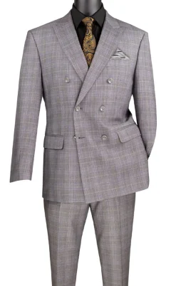Alexander Collection - Regular Fit Gray Glen Plaid Double Breasted 2-Piece Suit