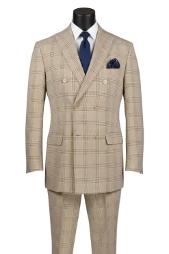 Alexander Collection - Regular Fit Beige Glen Plaid Double Breasted 2-Piece Suit
