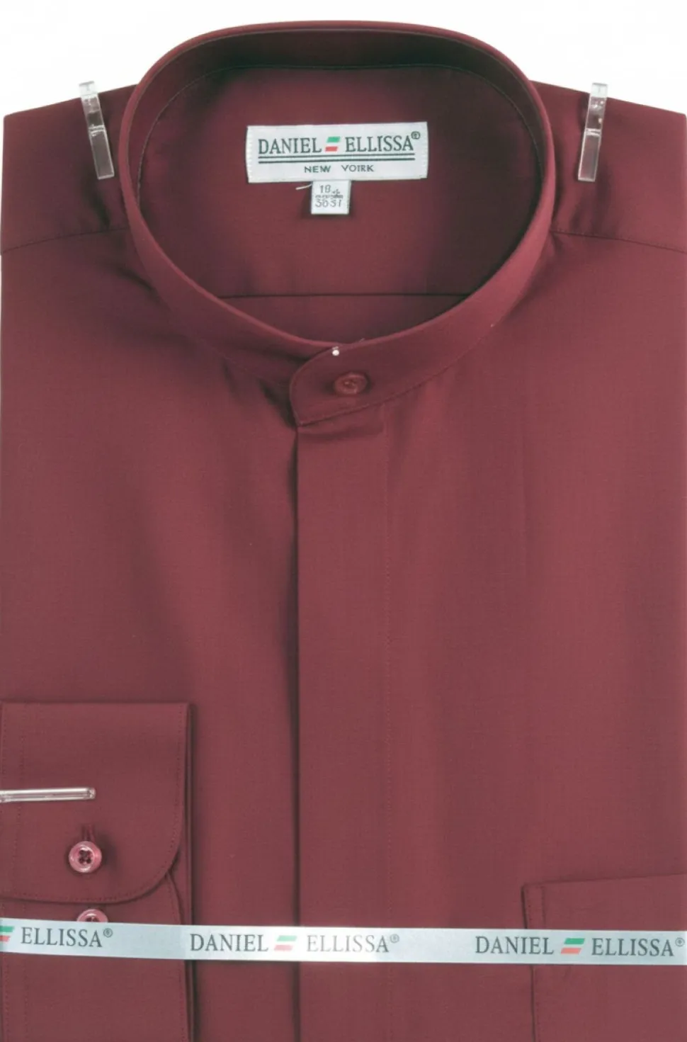 Basic Banded Collar Convertible Cuff Dress Shirt in Burgundy