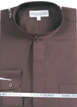 Basic Banded Collar Convertible Cuff Dress Shirt in Dark Brown