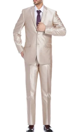 Beige Slim Fit Sharkskin Italian Styled 2 Piece Suit