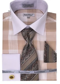Beige Tone on Tone Check Printed Dress Shirt Set with French Cuff