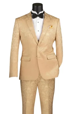Beige Tone on Tone Paisley Pattern Slim Fit Men's 2 Piece Suit
