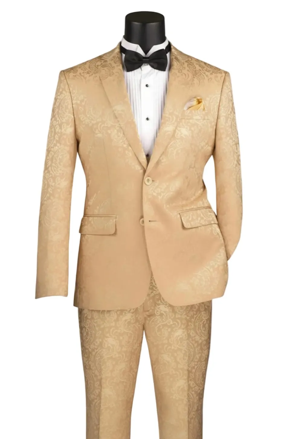 Beige Tone on Tone Paisley Pattern Slim Fit Men's 2 Piece Suit