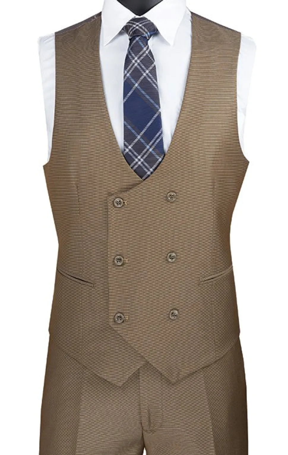 Birdseye Pattern Modern Fit 3 Piece Khaki Suit with Contrast Trim