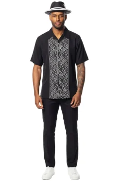 Black Geometric Panel Short Sleeve Walking Suit