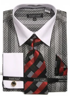 Black Jacquard Stripe French Cuff Dress Shirt Set