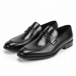 Black Leather Moc-Toe Strap Penny Loafer