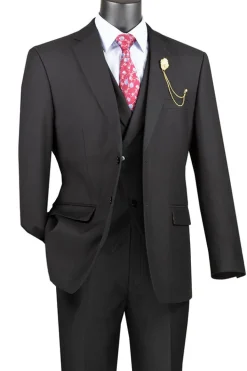 Black Modern Fit 3 Piece Suit with Vest and Adjustable Waistband Pants