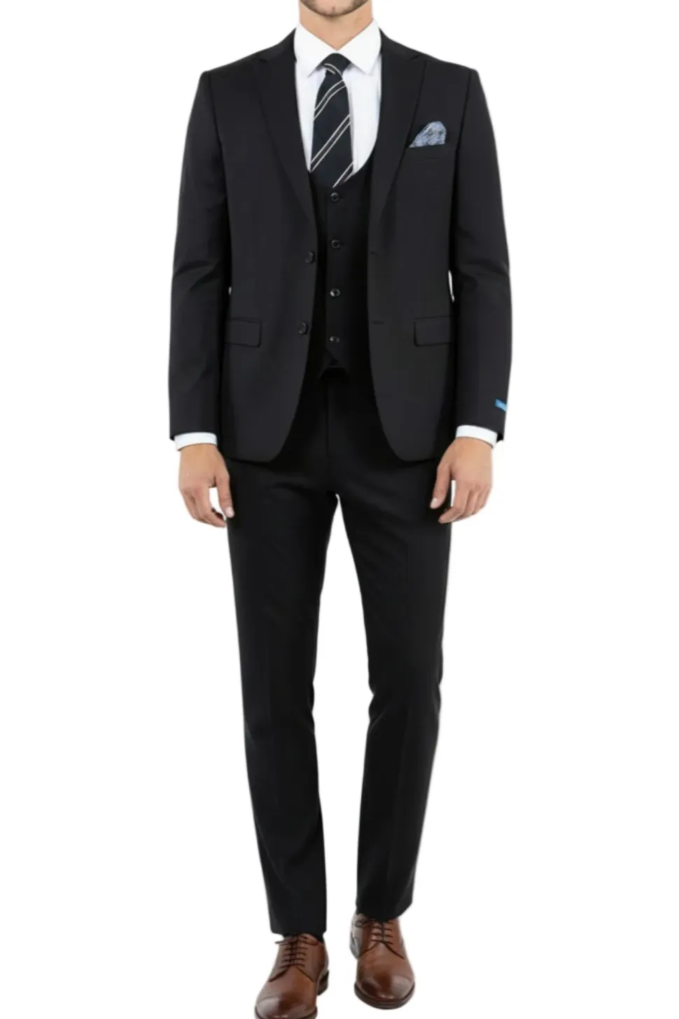 Black 3 Piece Hybrid Fit Peak Lapel Suit