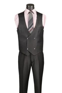 Black Regular Fit 3 Piece Sharkskin Suit with Vest and Adjustable Waistband Pants
