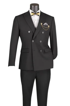 Black Slim Fit Double Breasted 2 Piece Suit with Adjustable Waistband