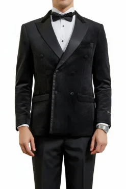 Black Slim Fit Double Breasted Velvet Jacket