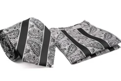 Black White Paisley Pattern Stripe Men's Tie and Pocket Square Set