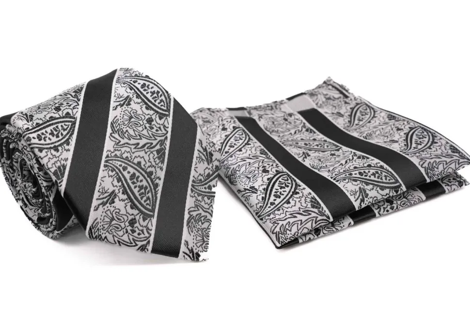 Black White Paisley Pattern Stripe Men's Tie and Pocket Square Set