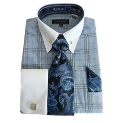 Blue Glen Plaid French Cuff Dress Shirt Set