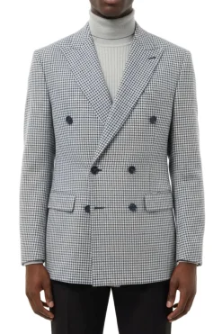 Blue Houndstooth Hybrid Fit Double Breasted Jacket