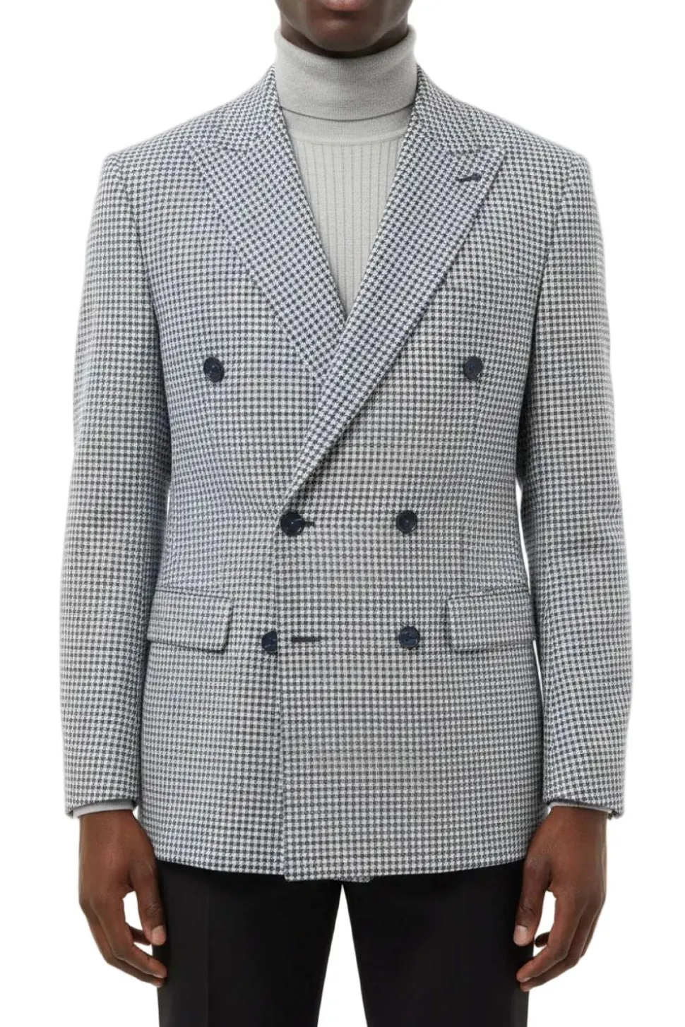 Blue Houndstooth Hybrid Fit Double Breasted Jacket