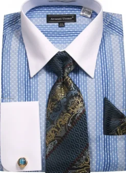 Blue Jacquard Stripe French Cuff Dress Shirt Set