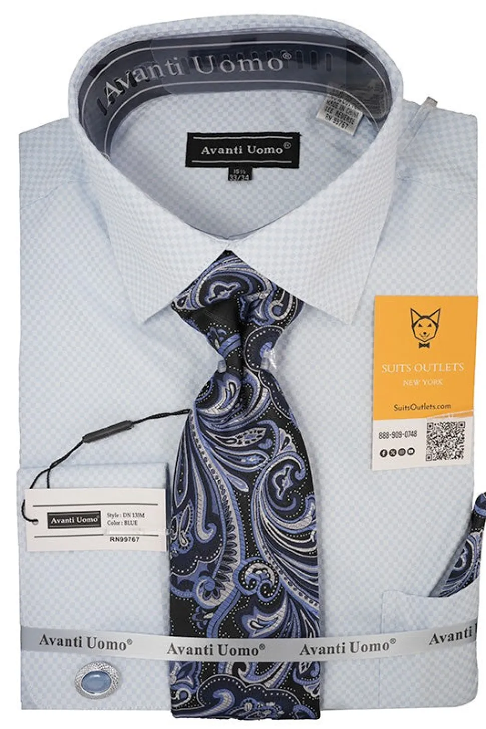 Blue Mini-Check French Cuff Dress Shirt Set with Tie, Cuff Links and Pocket Square