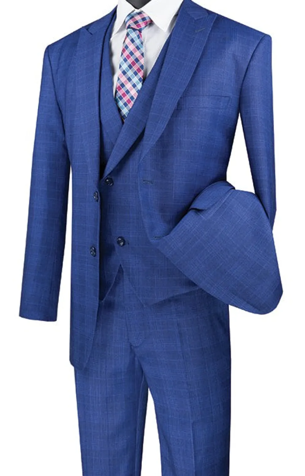Blue Modern Fit Glen Plaid 2 Button Peak Lapel 3 Piece Suit