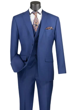 Blue Modern Fit 3 Piece Suit with Vest and Adjustable Waistband Pants