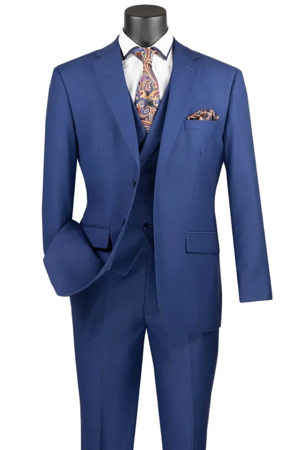 Blue Modern Fit 3 Piece Suit with Vest and Adjustable Waistband Pants