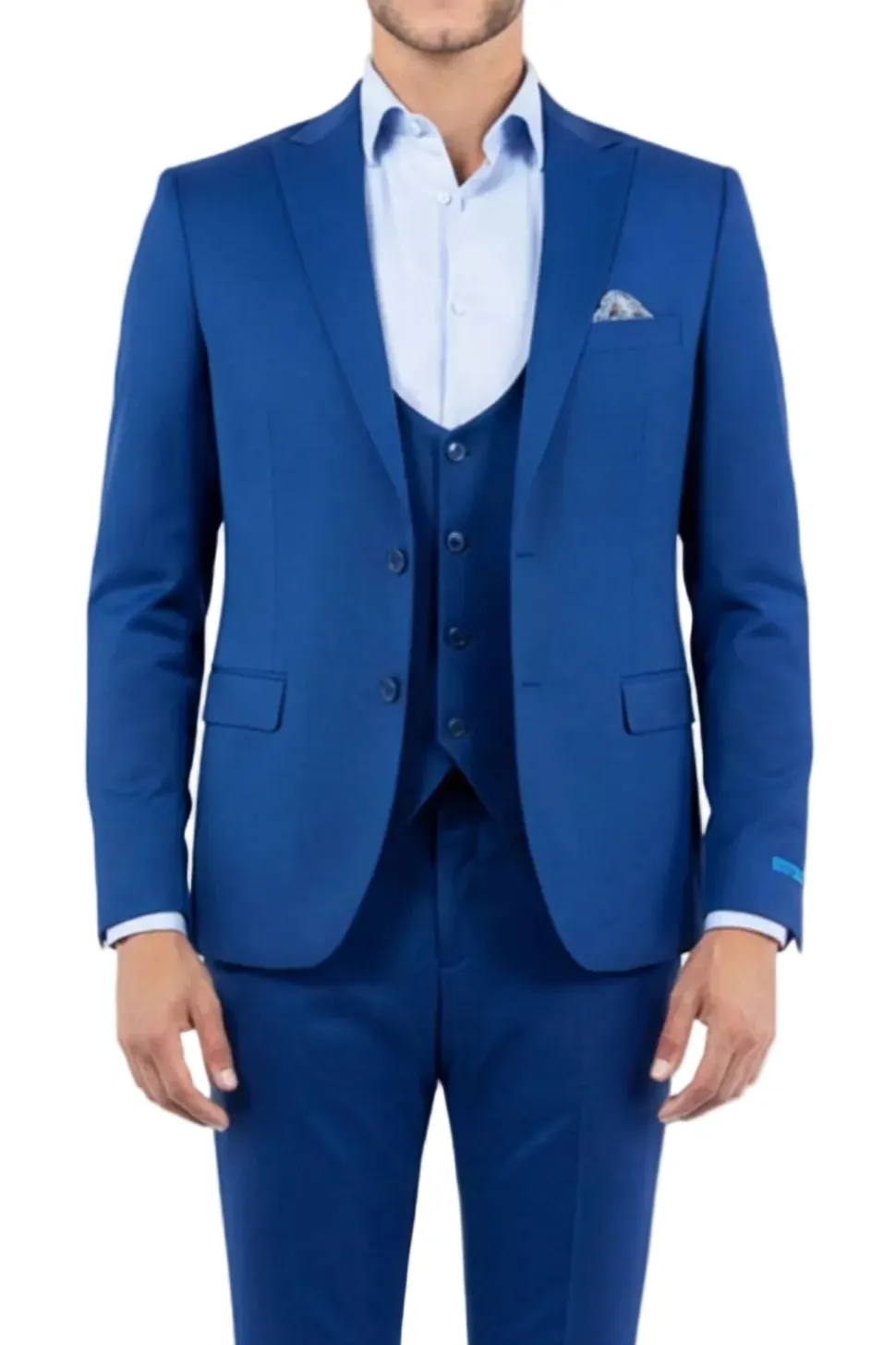 Blue 3 Piece Hybrid Fit Peak Lapel Suit