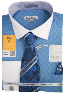 Blue White French Cuff Dress Shirt Set with Tie, Cuff Links and Pocket Square