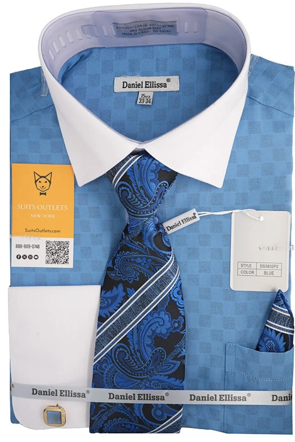 Blue White French Cuff Dress Shirt Set with Tie, Cuff Links and Pocket Square