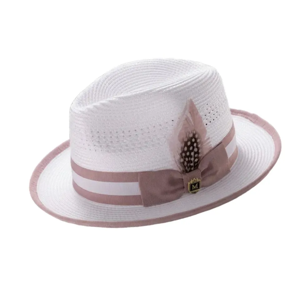 Braided Fedora Hat with Ribbon Band - White/Blush