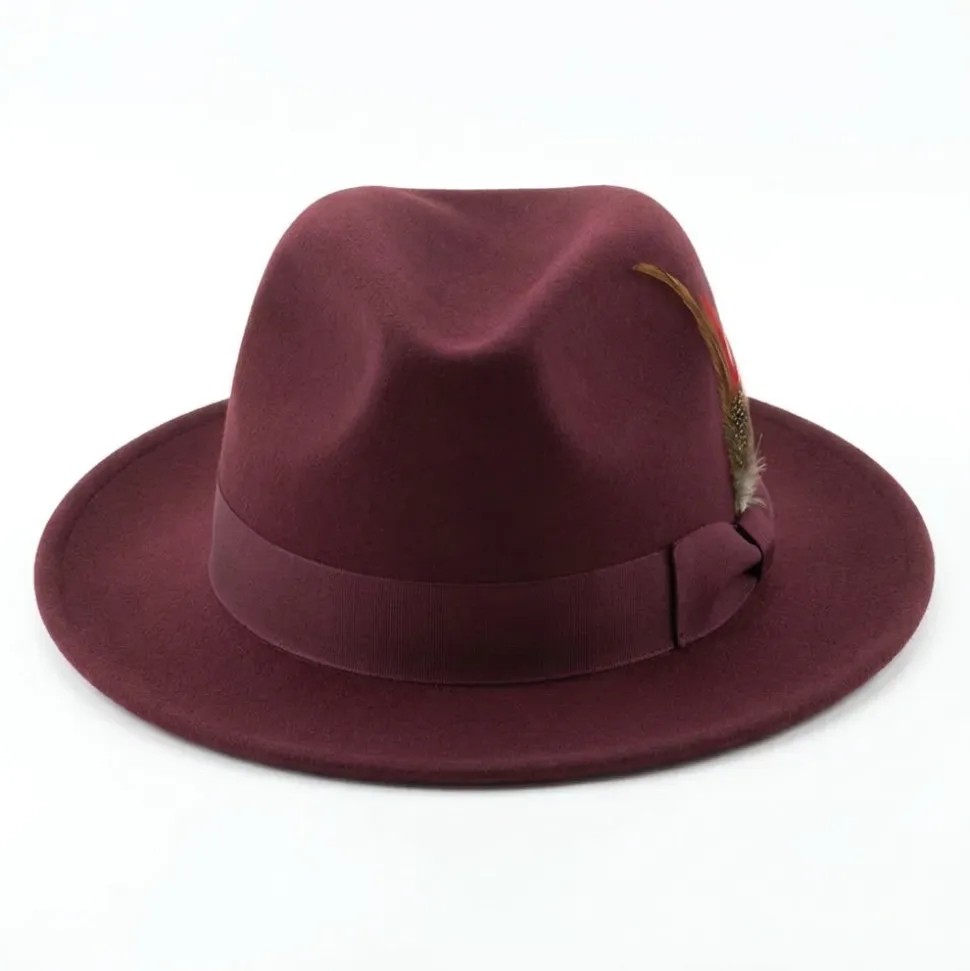 Brooklyn Collection - Wool Felt Crushable Fedora with Feather Accent in Burgundy