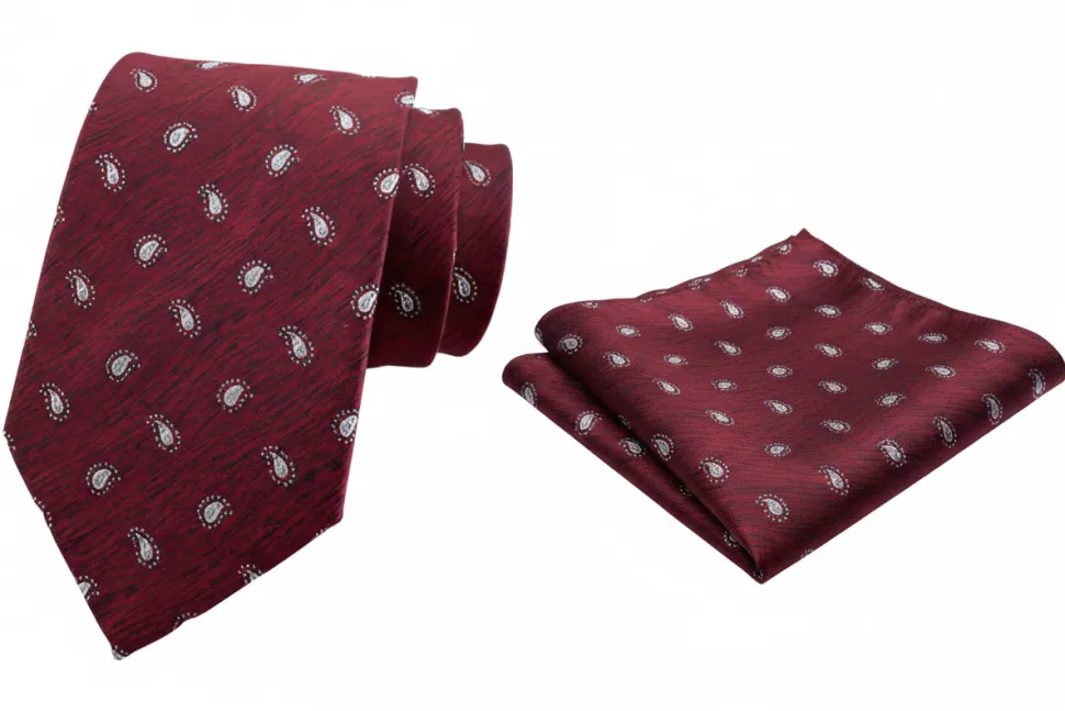 Burgundy Paisley Textured Design Tie and Pocket Square Set