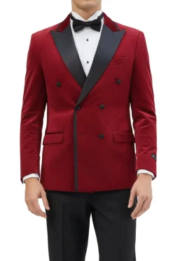 Burgundy Slim Fit Double Breasted Velvet Jacket