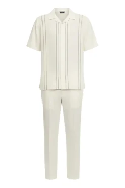 Cream Vertical Stripe Short Sleeve Walking Suit