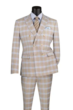 Duke of Windsor Collection - Slim Fit 2 Piece Double Breasted Windowpane Suit in Tan