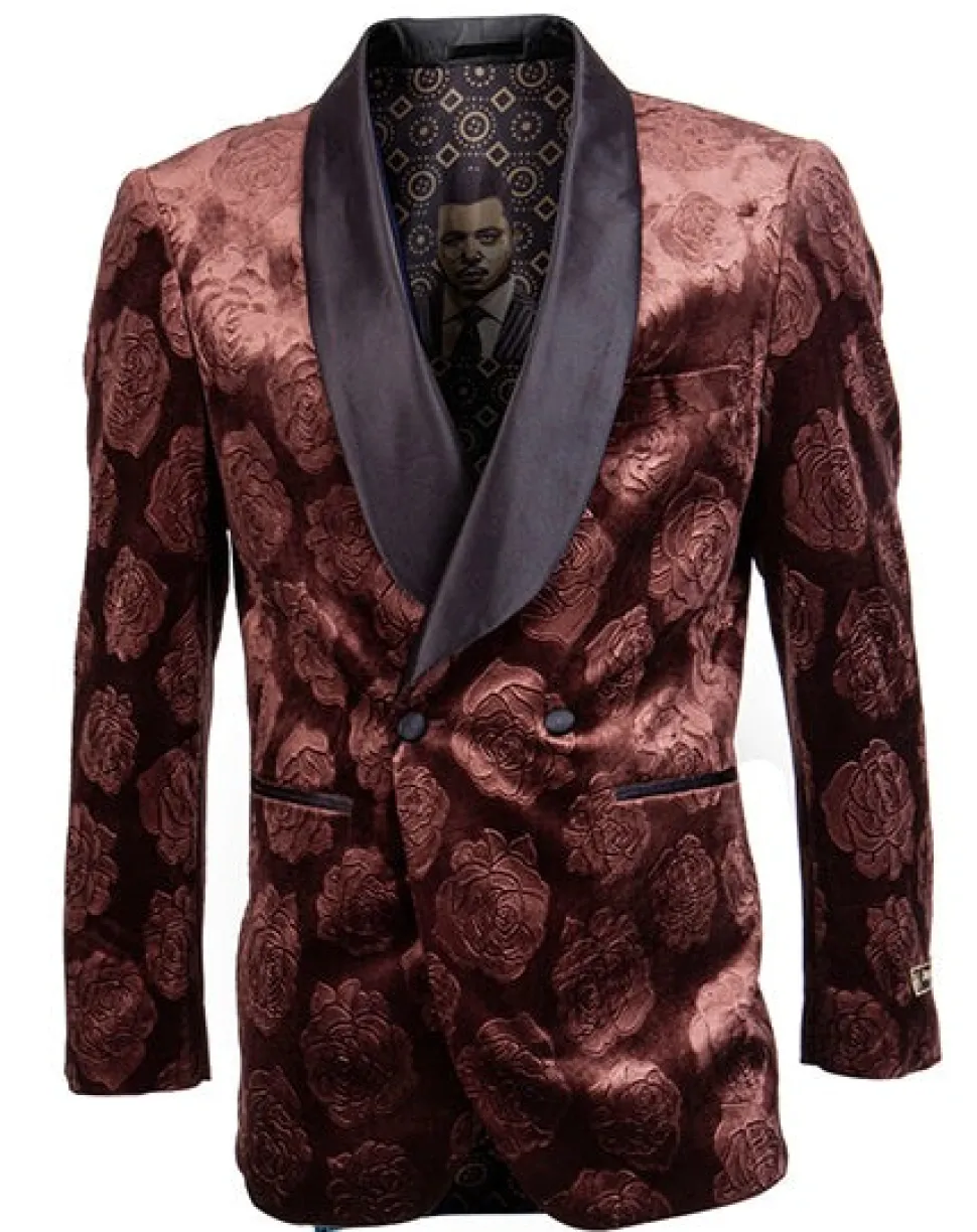 Empire Collection - Slim Fit Rust Floral Pattern Double Breasted Blazer