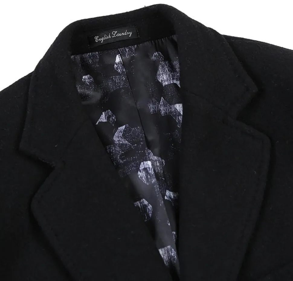 English Laundry Black Fall/Winter Essential Slim Fit Overcoat Wool Blend