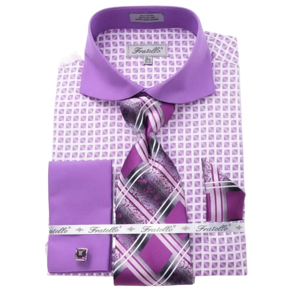 French Cuff Checker Pattern Cotton Shirt in Lilac