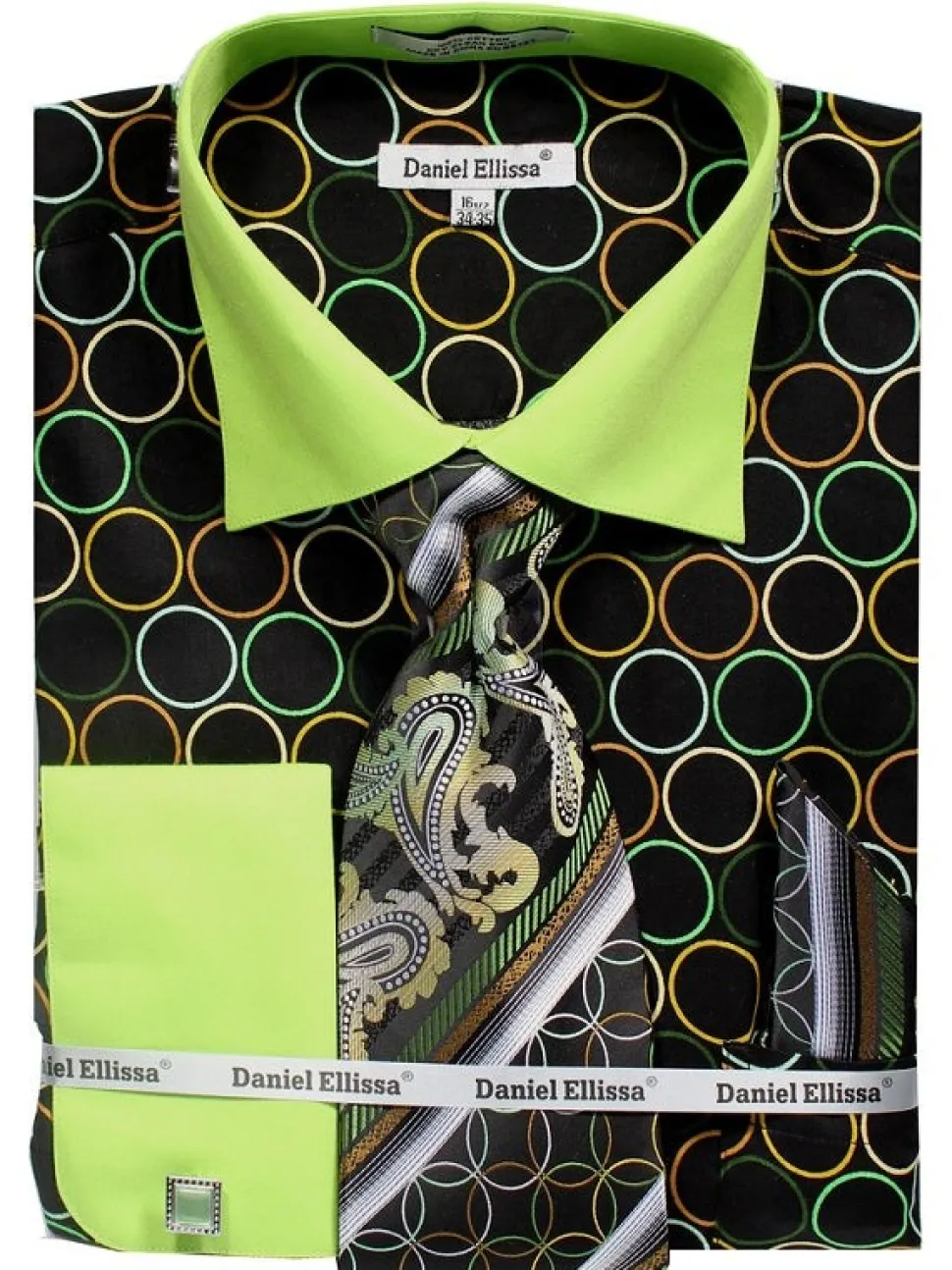 French Cuff Circle Printed Cotton Shirt in Black/Green