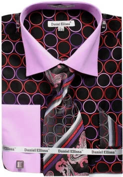 French Cuff Circle Printed Cotton Shirt in Black/Lilac