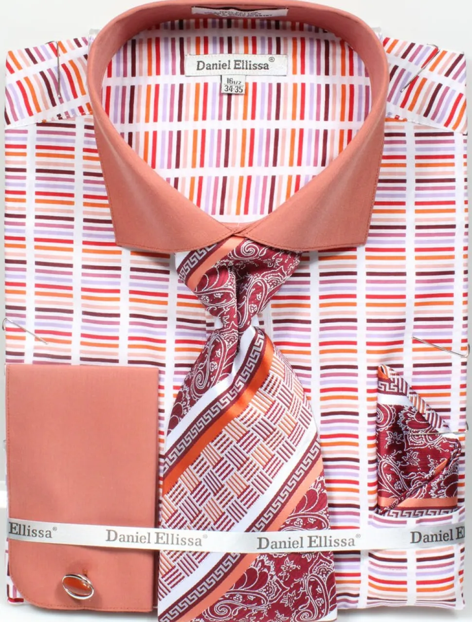 French Cuff Cotton Shirt in Rust with Tie, Cuff Links and Pocket Square