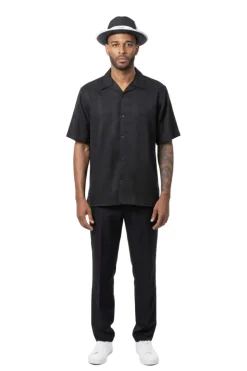 Geometric Weave Short Sleeve Walking Suit - Black