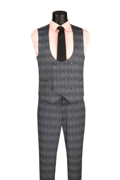 Gray Slim Fit 3 Piece 1 Button Windowpane Suit