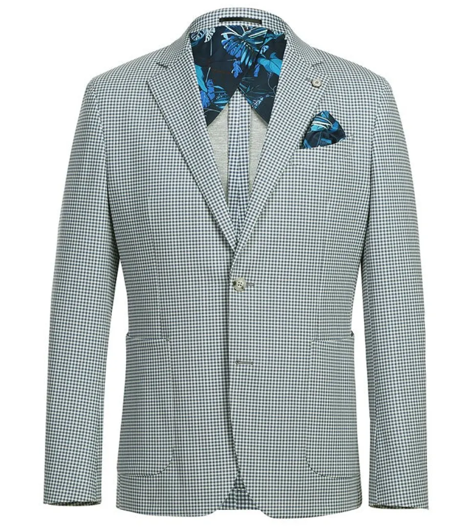 Half Canvas Slim Fit Blazer in Sage Blue Check