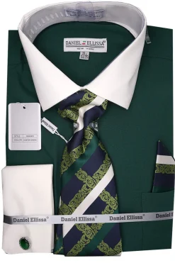 Hunter Green French Cuff Dress Shirt Set with Tie and Handkerchief