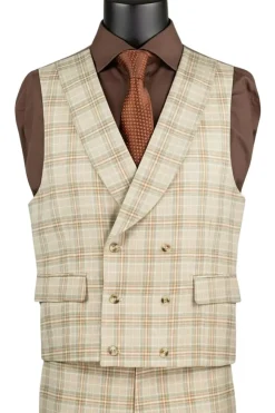 Khaki Modern Fit Windowpane Peak Lapel 3 Piece Suit